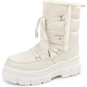 Women's White 2 Waterproof Snow Boots Mid Calf Low Heel Anti-Slip Warm Booties